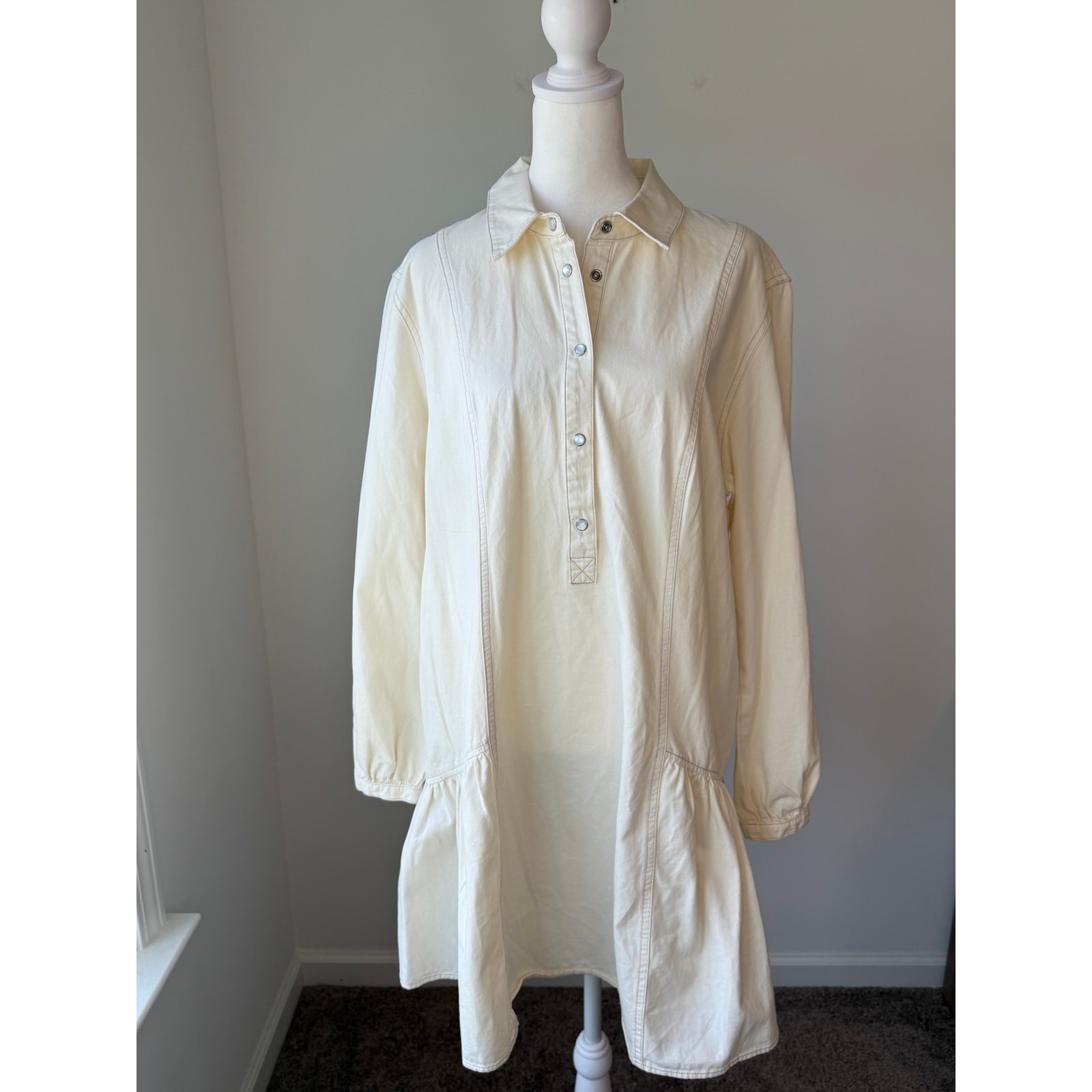 Veronica Beard Ivory Long Sleeve Drop Waist Shirt Dress