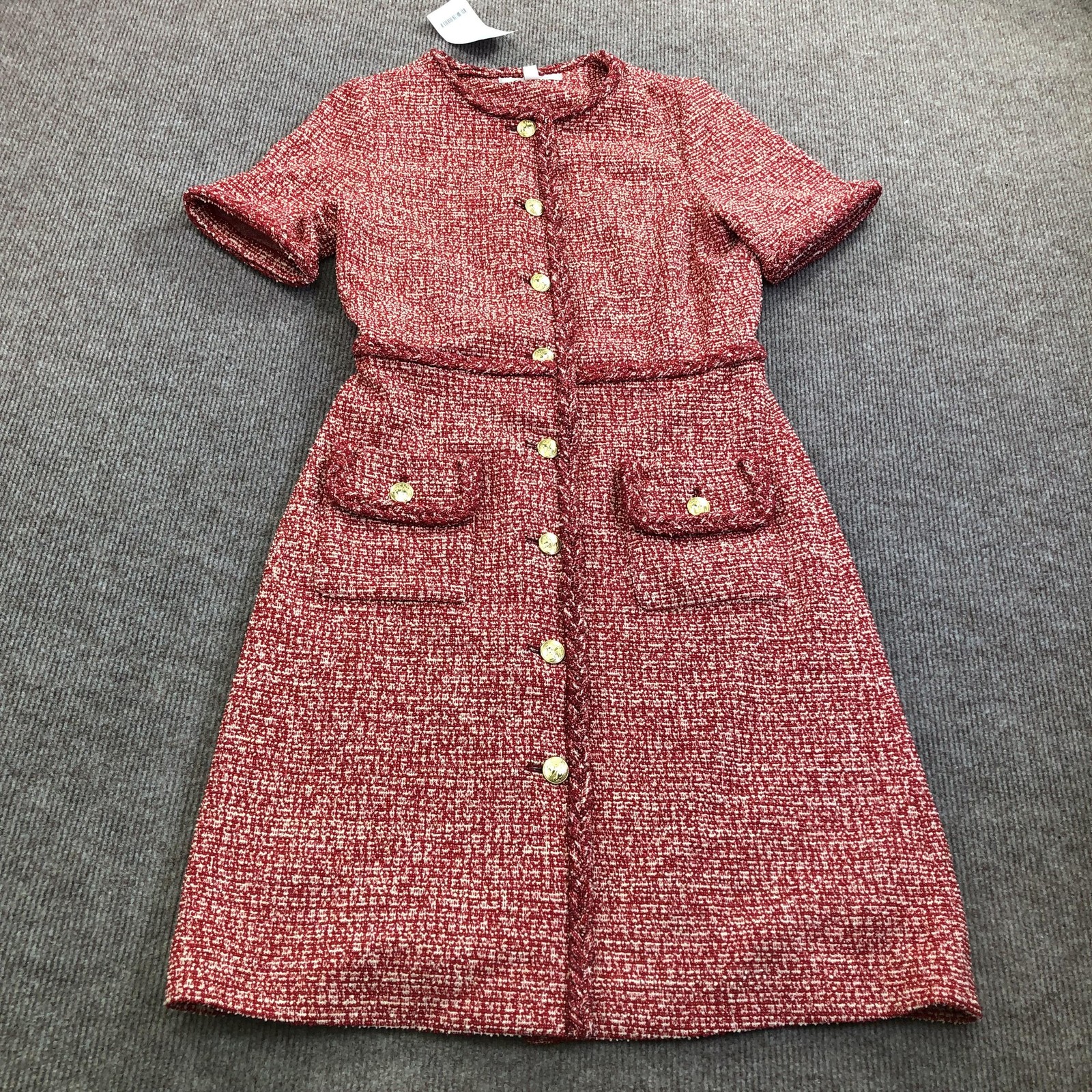 Brooks Brothers Dress Womens XS Red Tweed Button Front Shift Short Sleeve Work