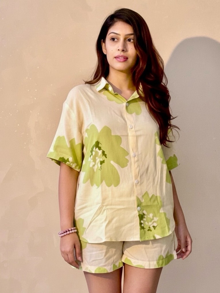 Cream & Green Floral Short-Sleeve Pajama Set , Ultra-Comfortable Loungewear Set
