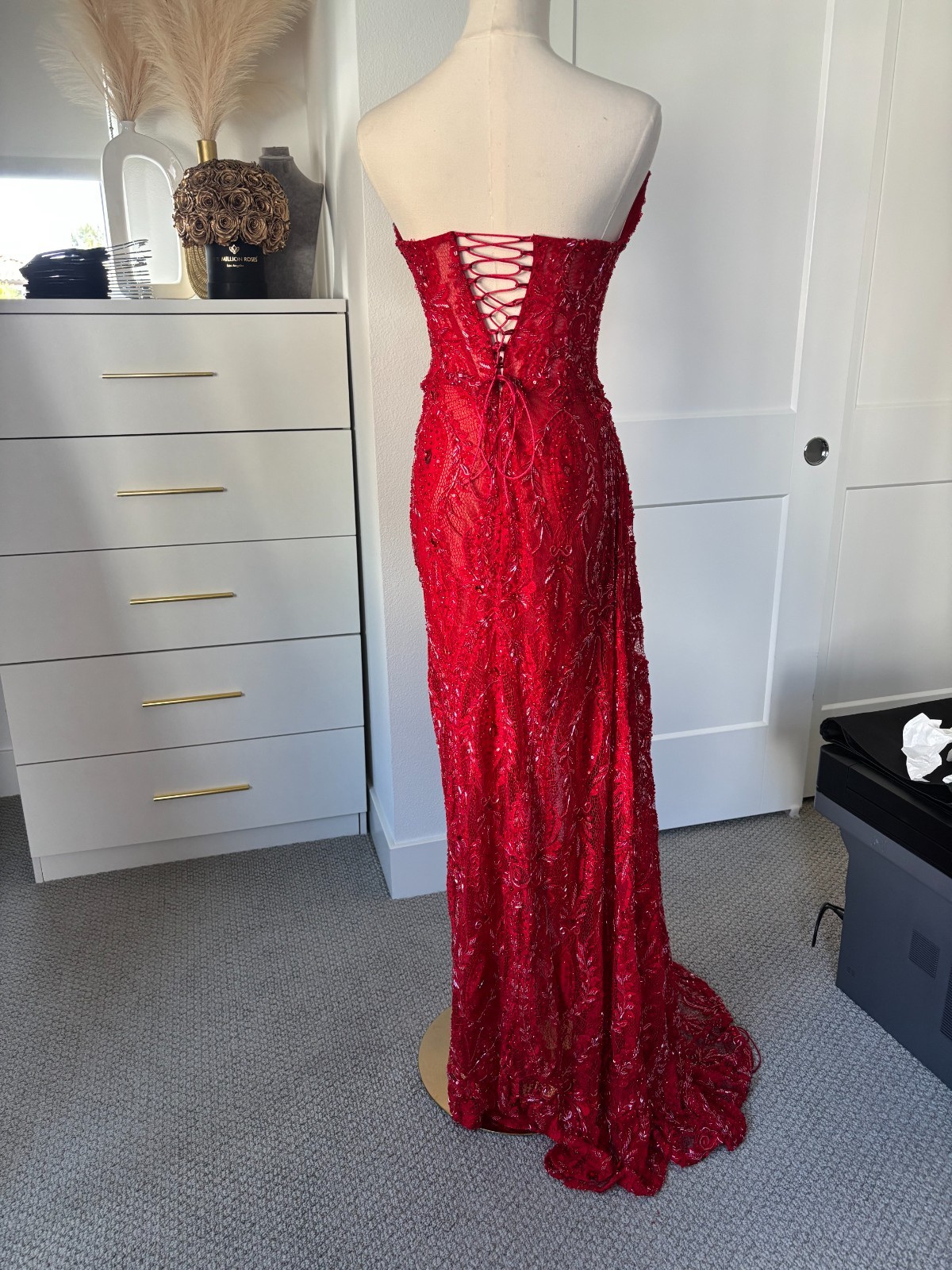 H A N A Custom Made High End Red Sequin Strapless Corset Gown Front Side Slit