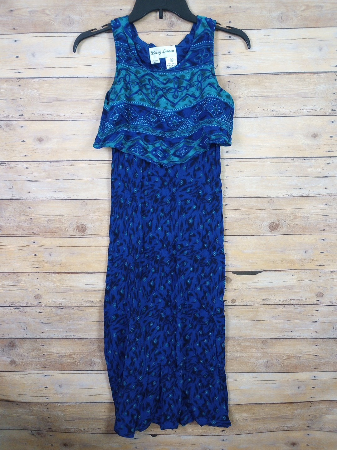 Vintage Betsy Lauren Women Dress 7/8 Blue Green Geometric Sleeveless Maxi Crepe