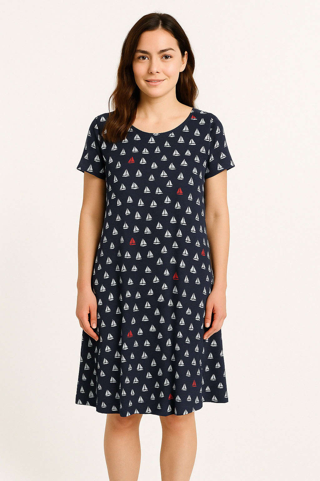 Hatley Navy Red Midi Sailboat Shirt Dress Lounge Sz XL Nautical Coastal Stretch