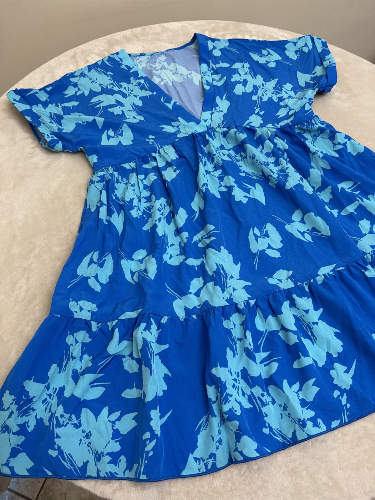 Womans Floral Blue Short Sleeve STRETCH Summer Dress Size LARGE 8/10 NEW!