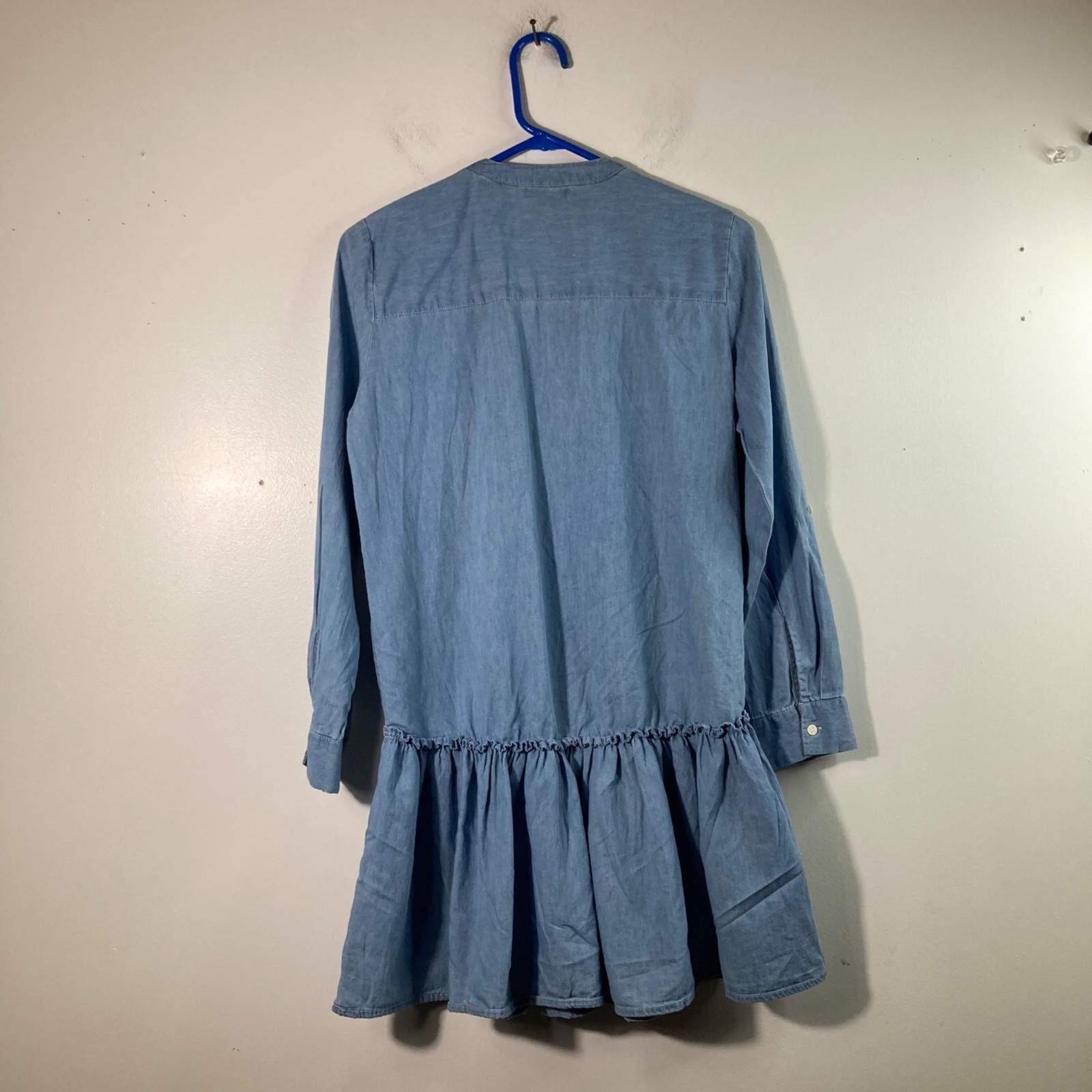 Womens Belle Tweed Chambray Denim Dress Peplum Long Sleeve M Blue Cotton Button