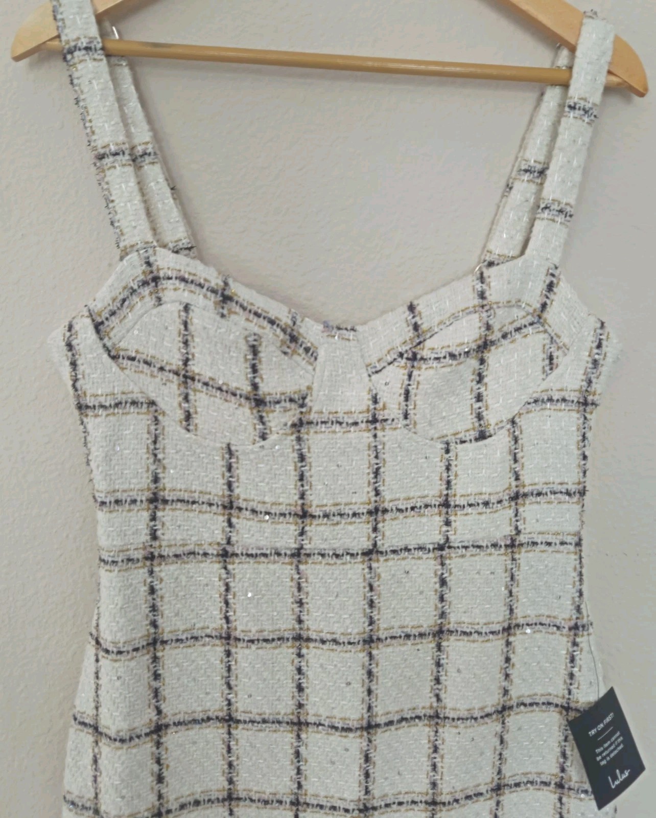 Lulu’s Elevated Delight White Plaid Tweed Bustier Midi Sheath Dress Sz Large