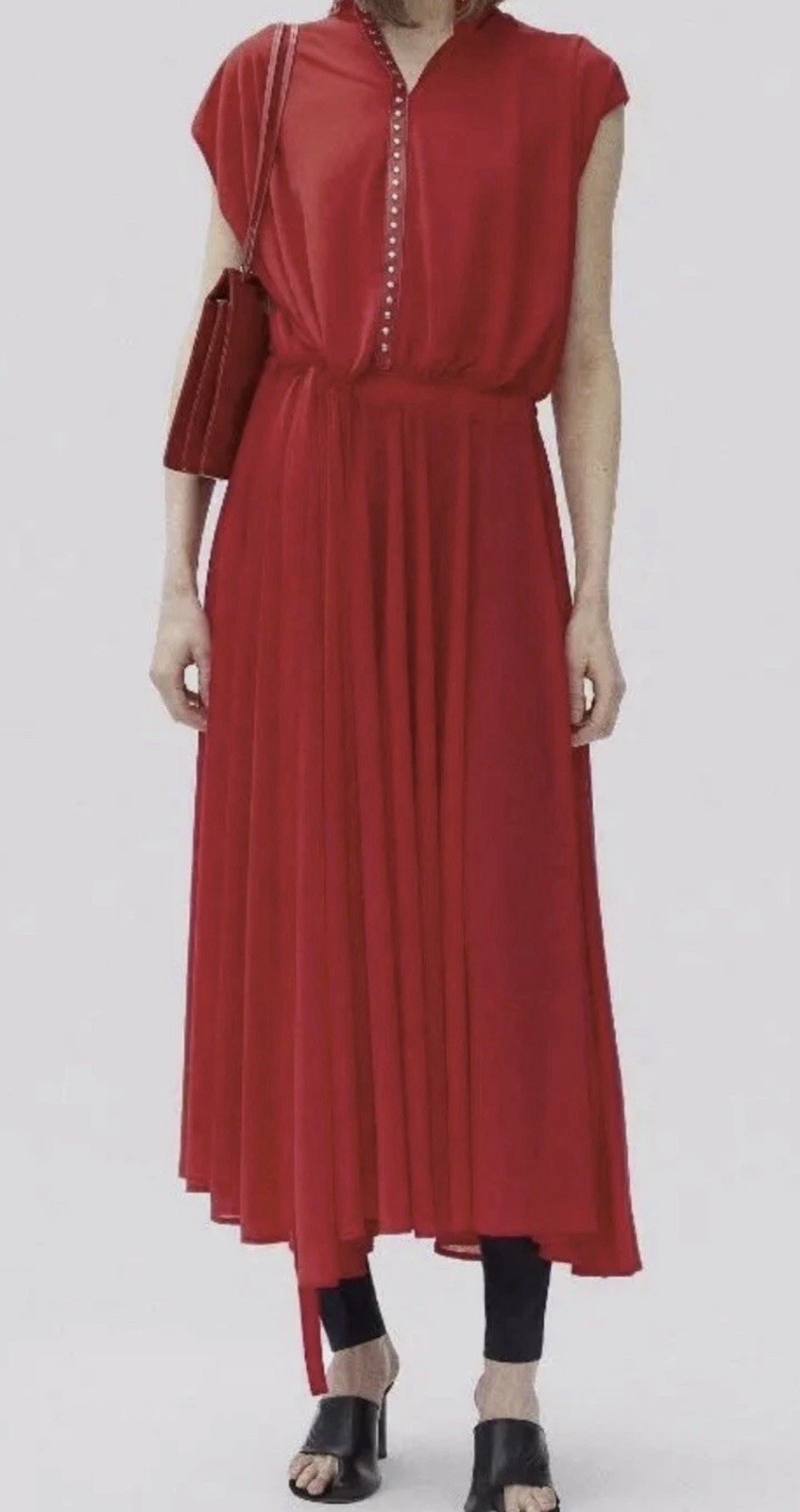 Celine Sz 42 US 10 Red Pleated Midi Dress Sleeveless Crepe Viscose Studded Neck