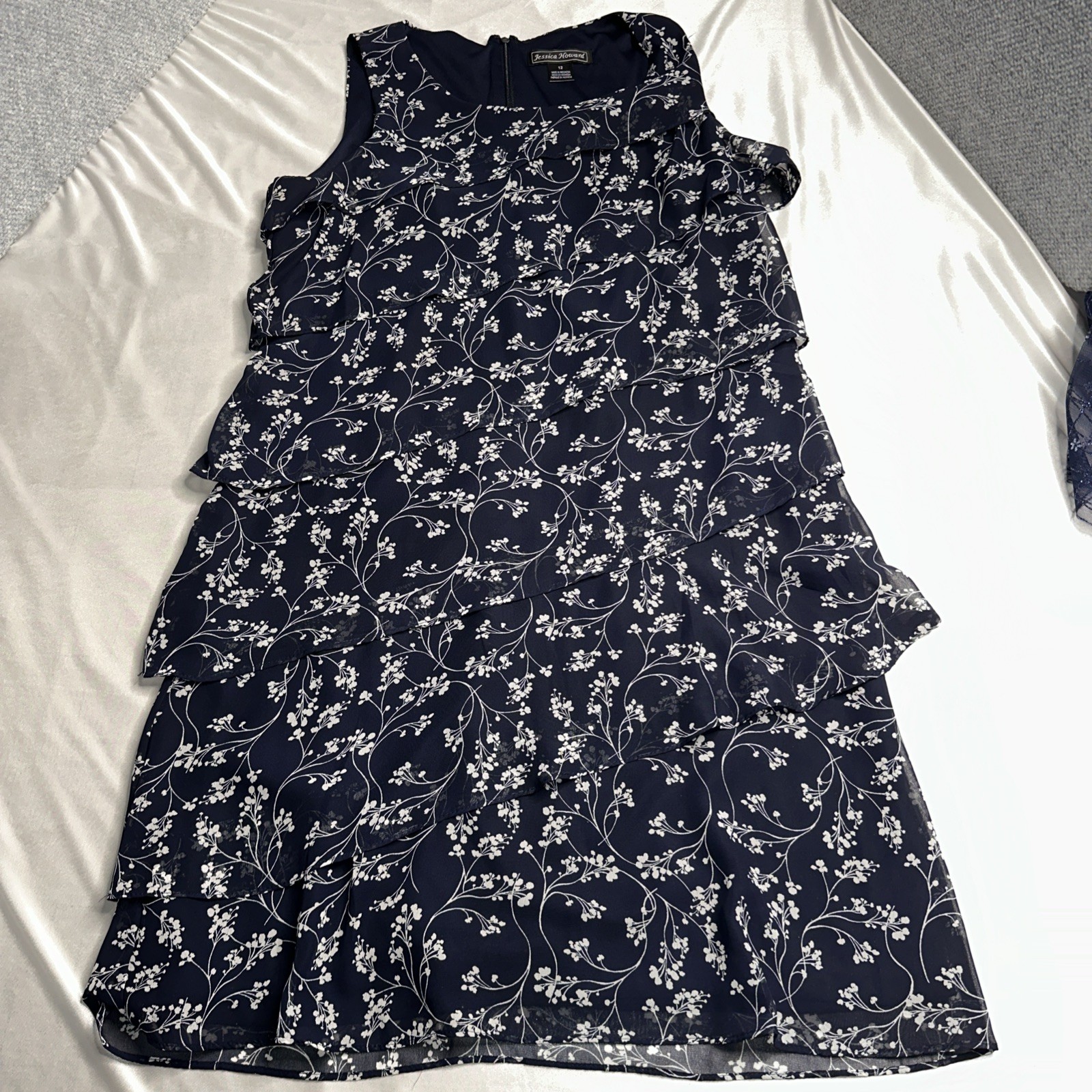 Jessica Howard Missy Ruffled Layered Dress 12 Blue Floral Midi Cottagecore