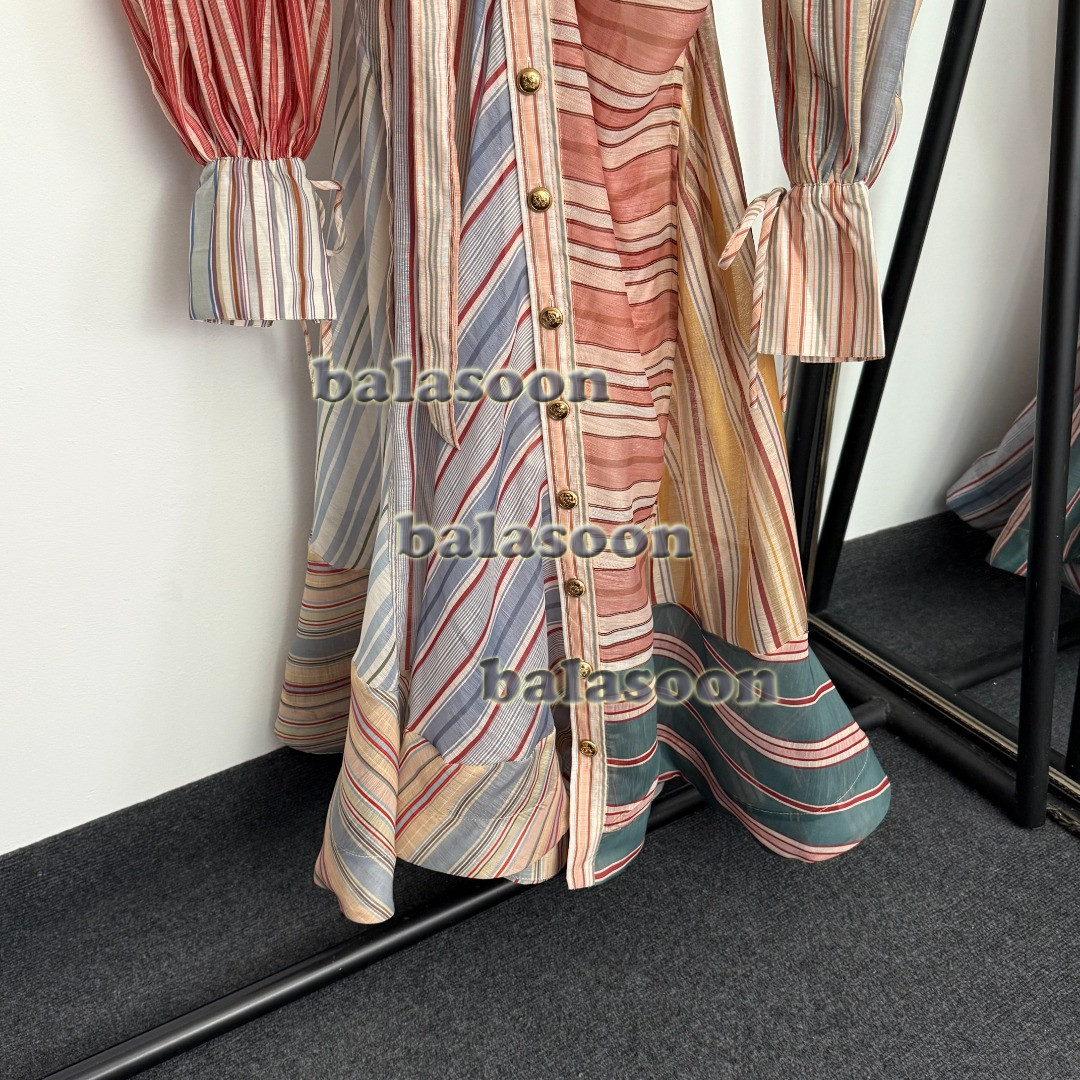 contrast stripe ruffled lace waist long sleeve shirt dress long skirt S-XL