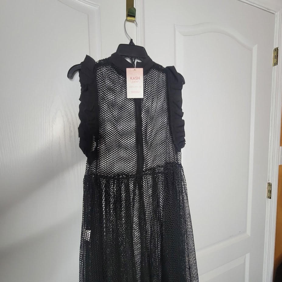 Good Time USA Black See-Thru Mesh Tiered Maxi Dress Womens Large Ruffle Sleeve