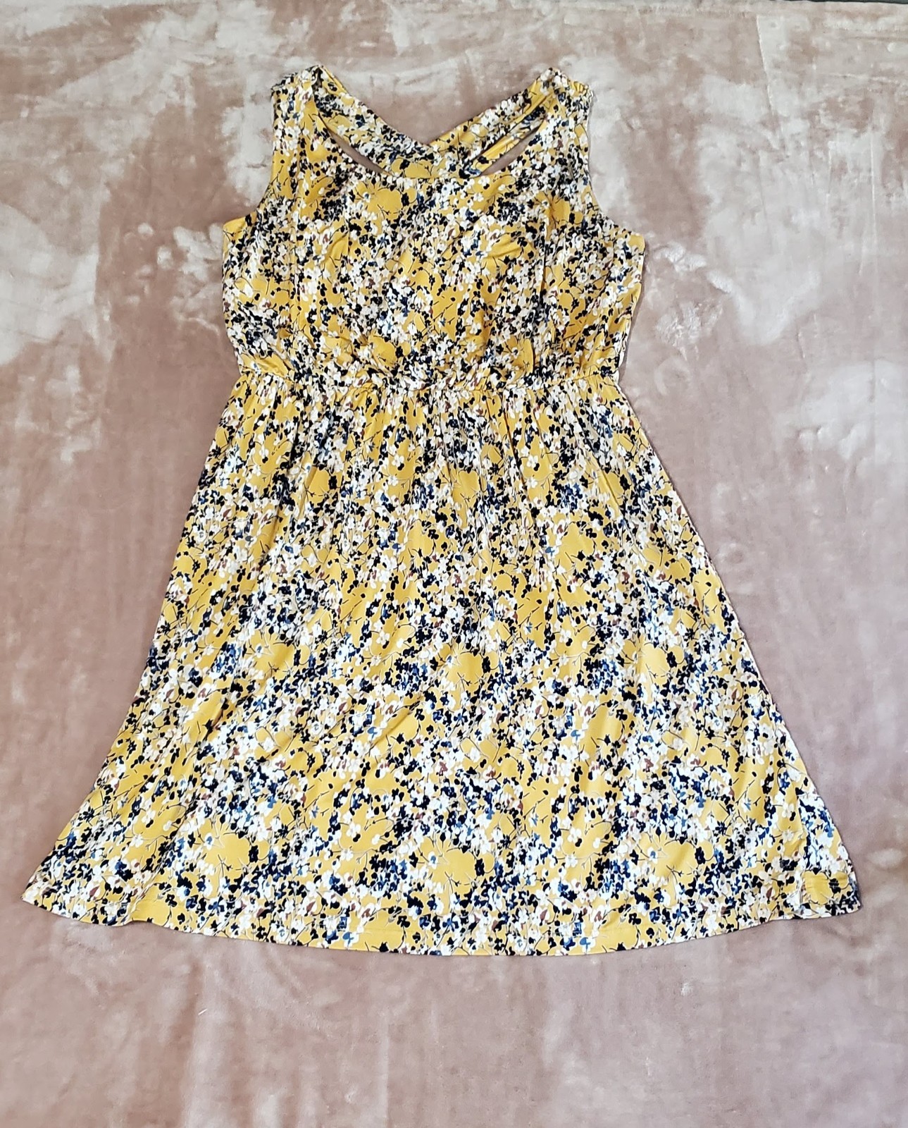 Kaileigh Yellow Floral Sleeveless Mini Sundress Stretch Criss Cross Back Size L