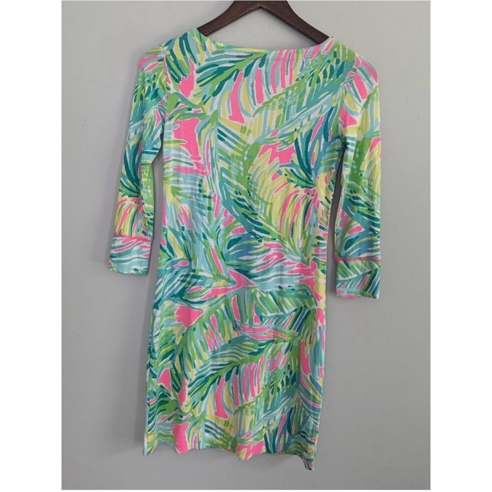 Lilly Pulitzer XXS Tropical Palm Print Shift Dress Gold Button 3/4 Sleeve