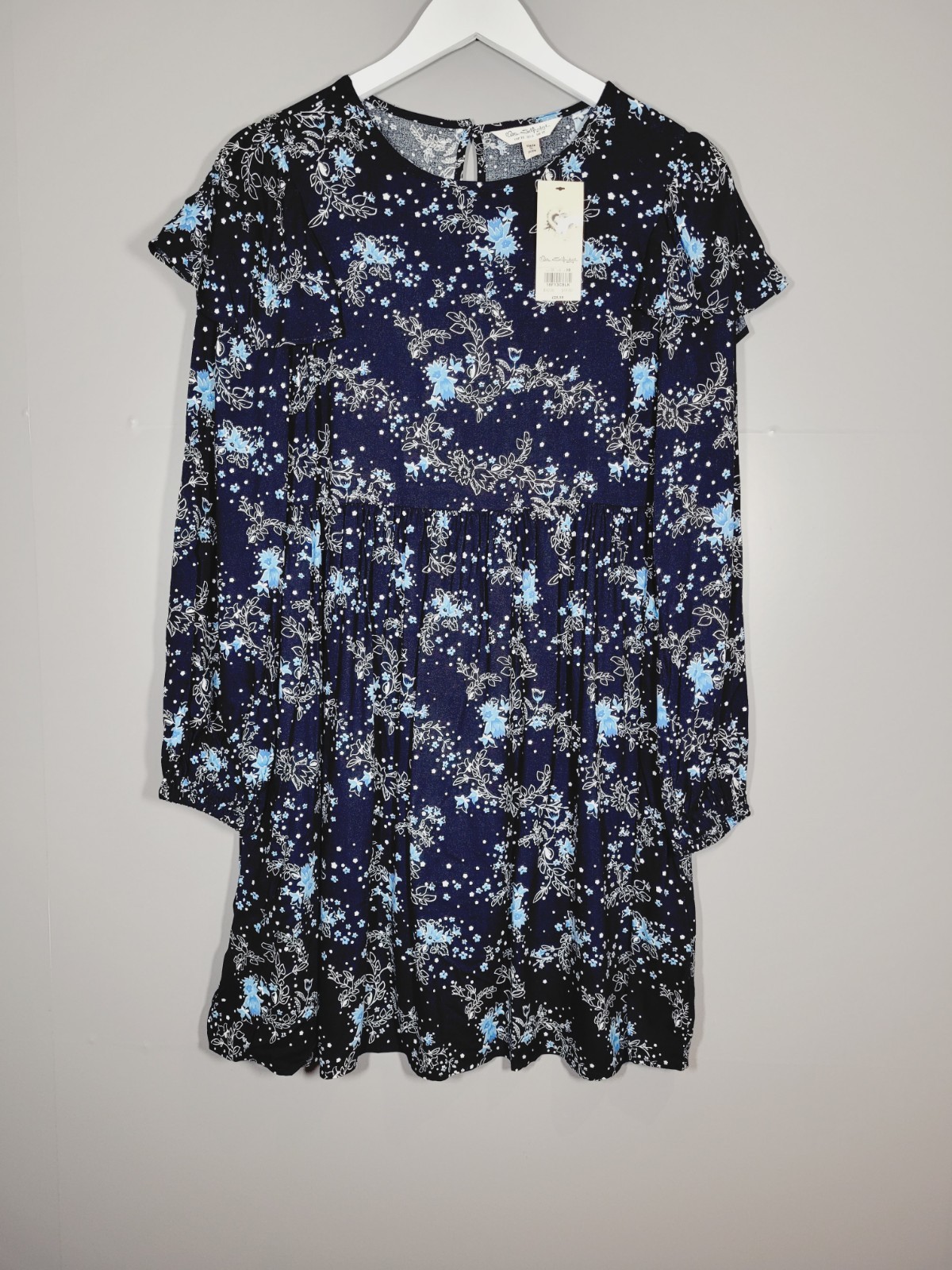 BNWT NEW MISS SELFRIDGE DRESS 10 BLACK BLUE FLORAL SHIFT FRILL VD40
