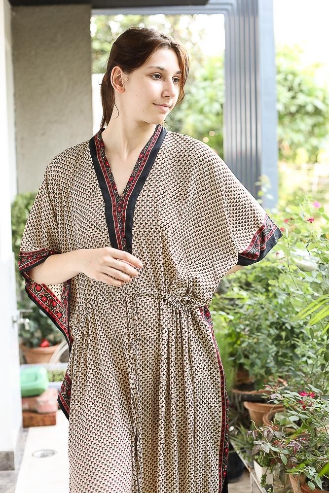 Silk Beige Kaftan / Handmade Flowy Maxi Dress / Resort Wear Outfit PS MFN1023