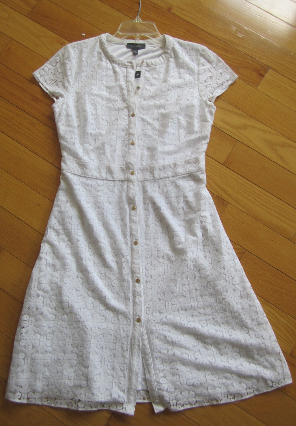 The Limited Bright White Short Sleeve Floral Lace GOLD Button Down Dress 2 S