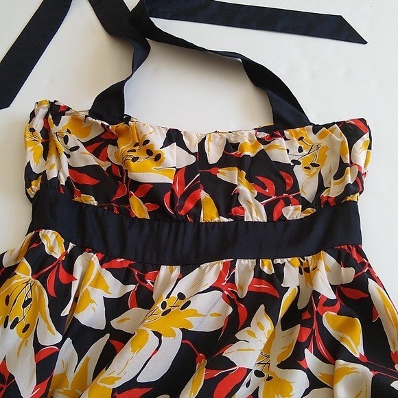 Moulinette Soeurs Anthropologie Silk Floral Halter Dress Black Yellow Lily 6