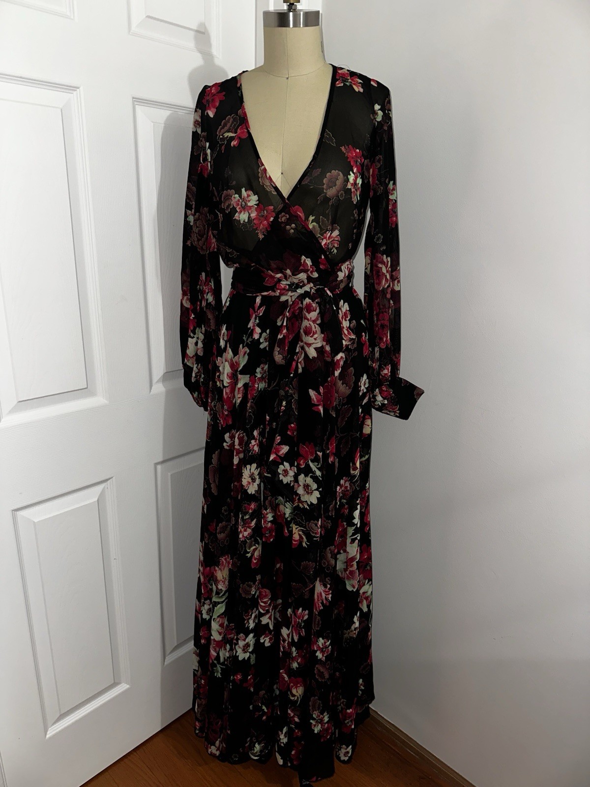 Akira Black Label Floral Sheer Lined Flowy Faux Wrap Long Maxi Dress S