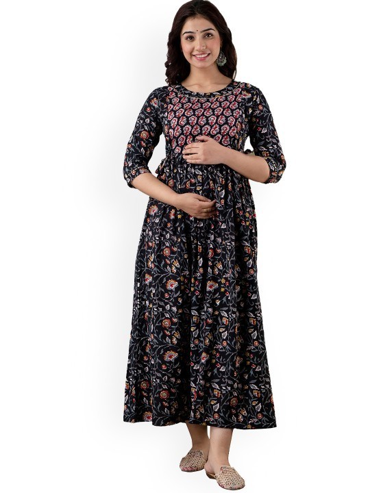 Handmade Floral Cotton Maternity Dress : Nursing Friendly Gown With Side Zipper