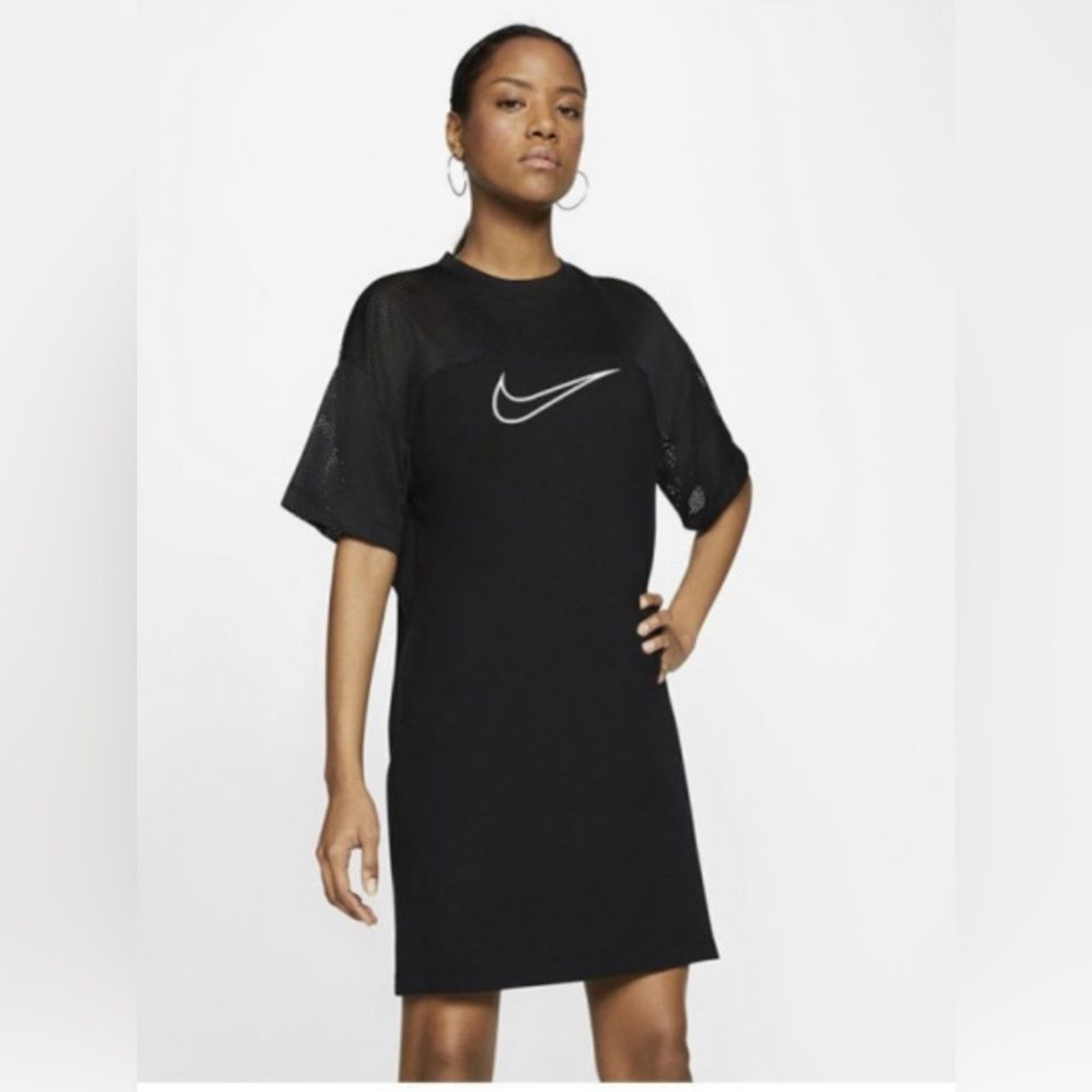 Nike NWT XS Logo Mesh-Panel Short Sleeve Athleisure Jersey Dress in Black