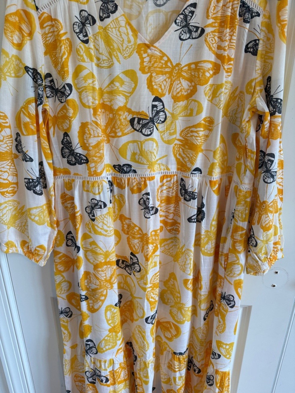 Sweet Magnolia Yellow & White Butterfly Print Tiered Midi Boho Dress Large