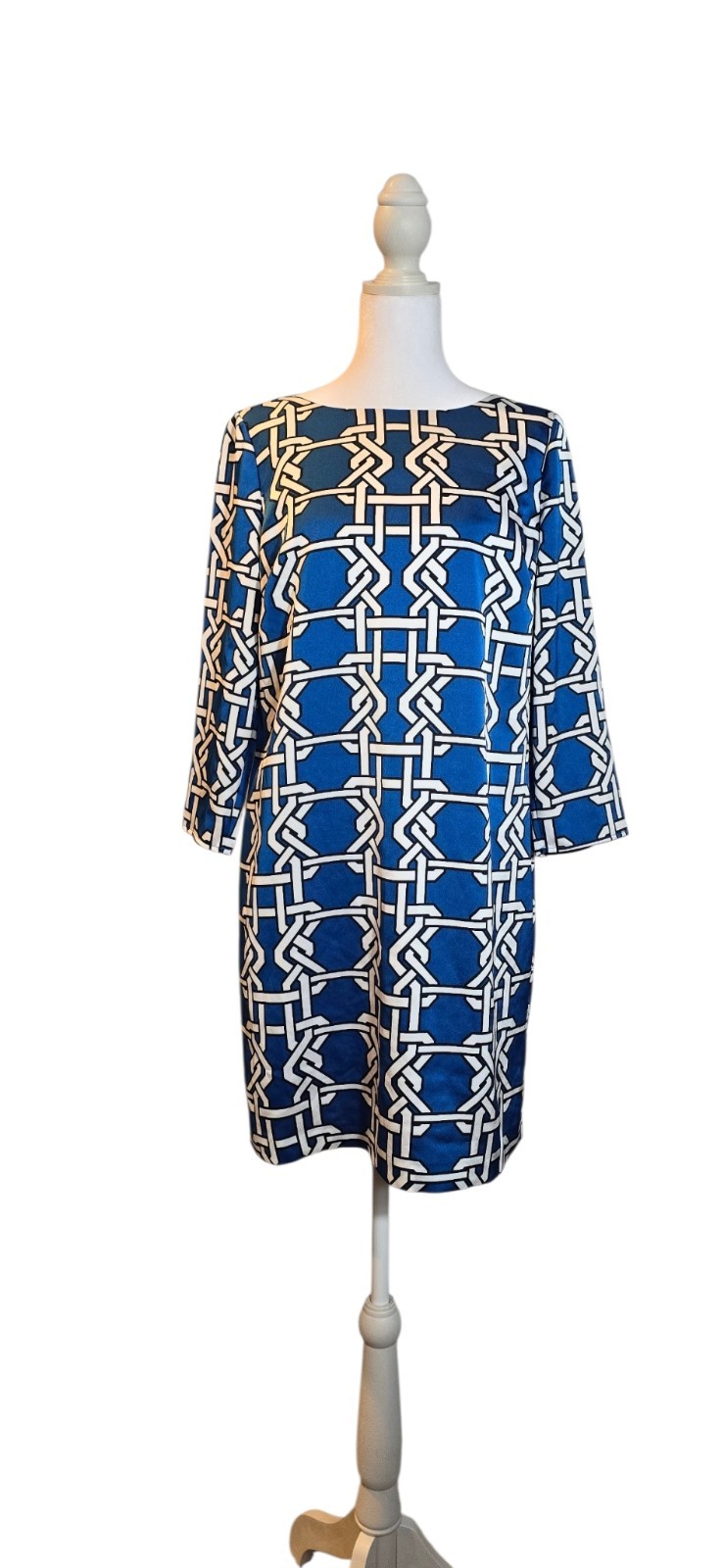 The Limited Geometric Shift Dress Boat Neck 3/4 Sleeve Blue White Black Zip S