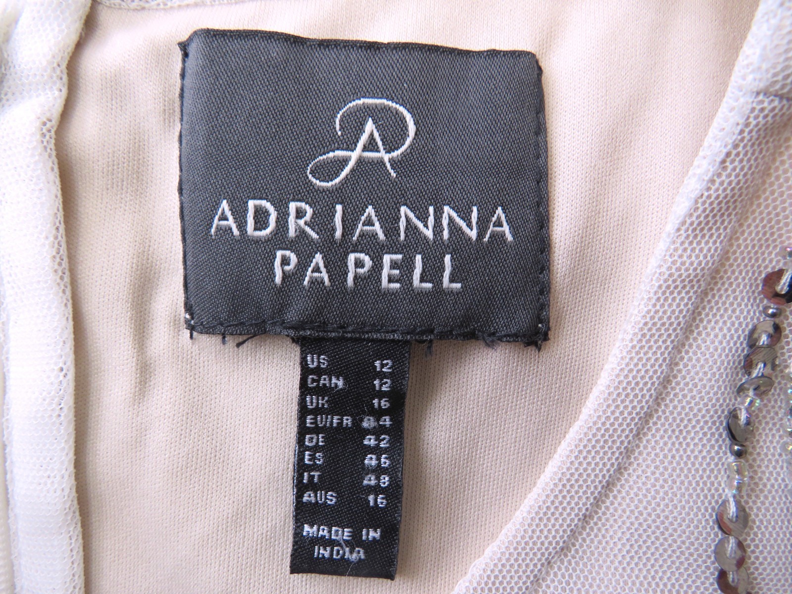 Adriana Papell Dress Sz 12 Pale Pink Silver Sequins Beads Sleeveless Knee Length