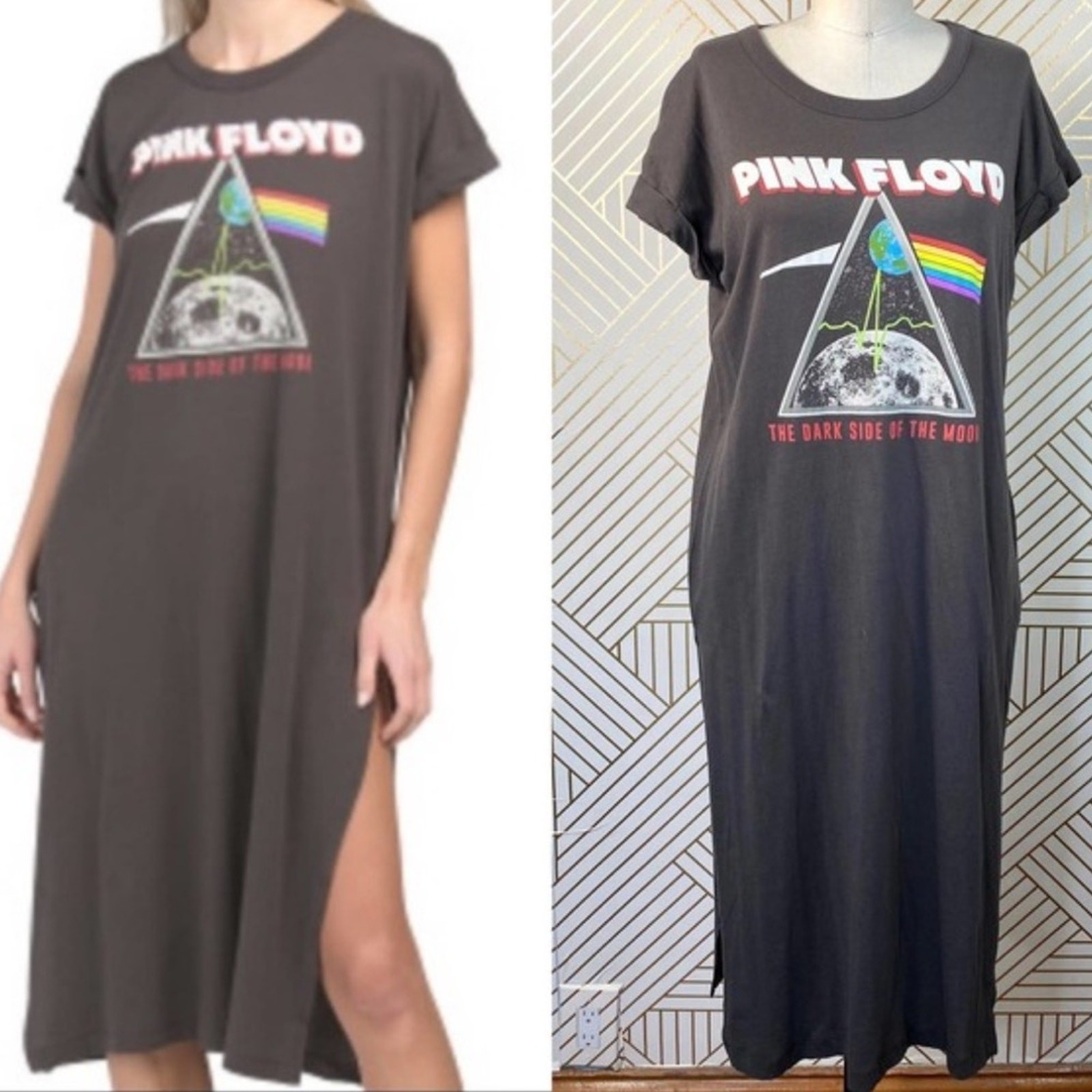 Chaser Black Pink Floyd Midi t-shirt Dress charcoal grey medium