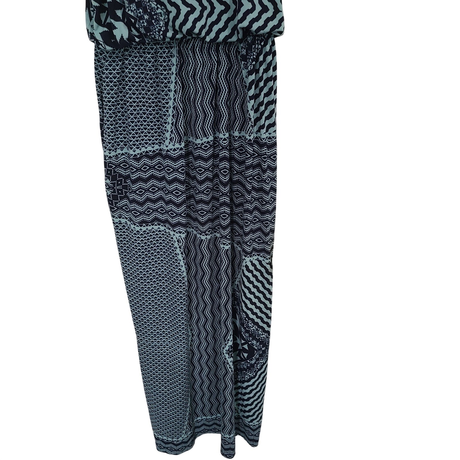 En Focus Studio Womens 10 Geometric Maxi Dress Navy Mint Green Tribal Sleeveless
