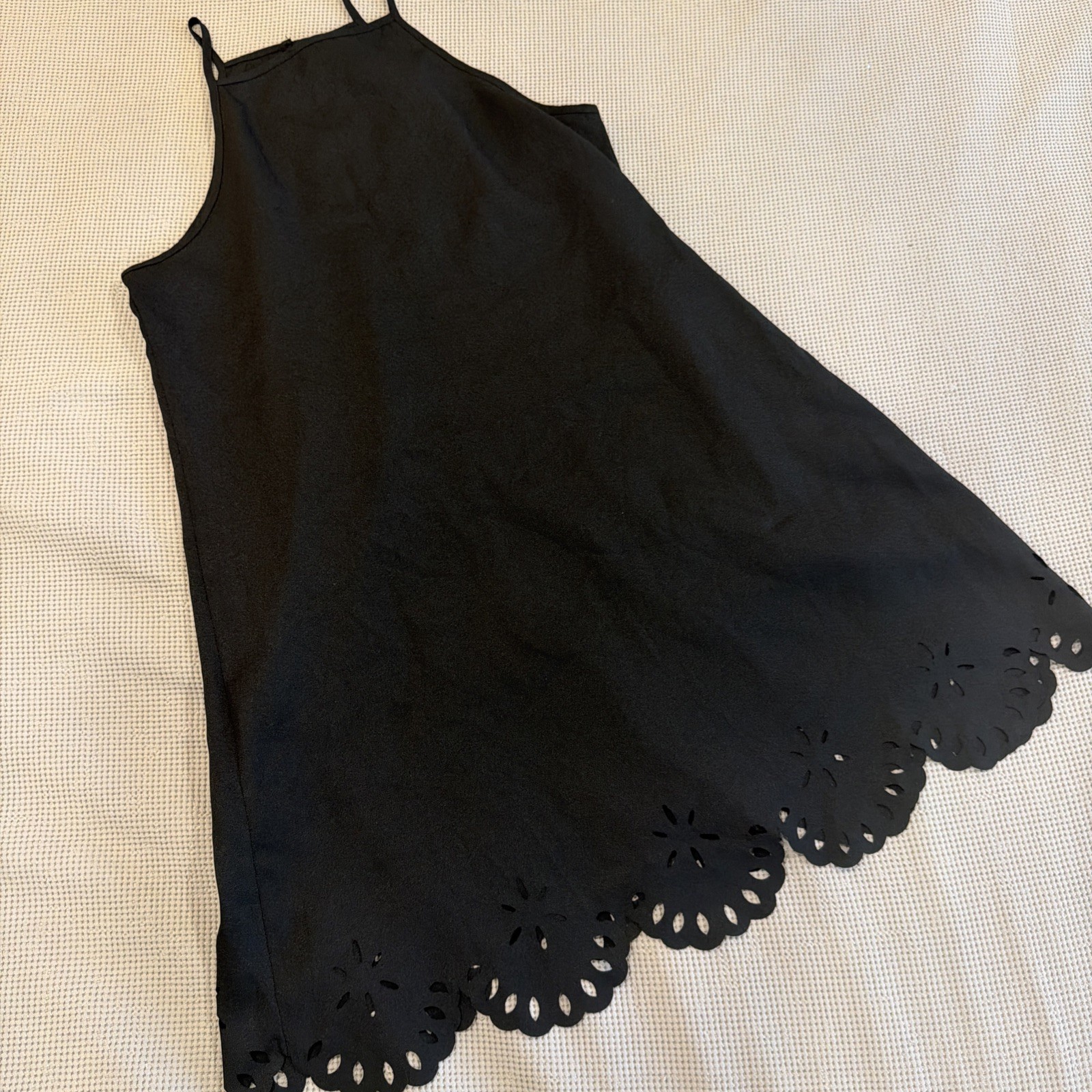 ￼ Black Laser Cut Hem, Slip Dress Size M ￼ A Button In The Back ￼￼