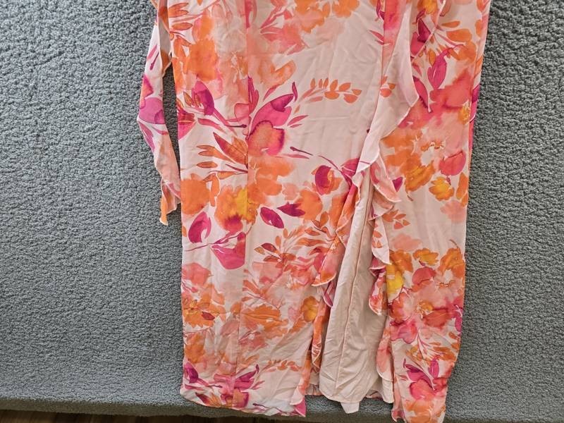 Eliza J Printed Ruffle-Trims Chiffon Dress Women’s 8 Blush Multi Zip/Button