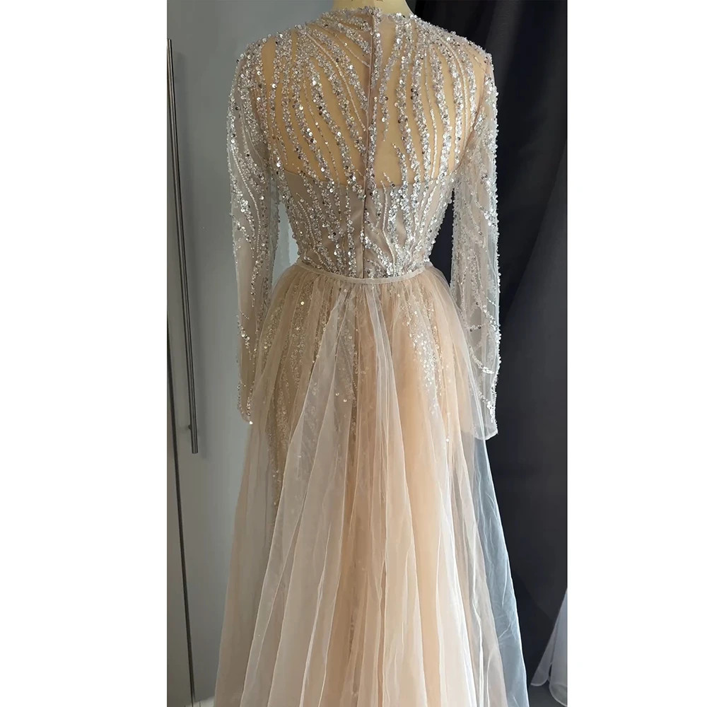 Illusion Neck Long Sleeve Beaded Mermaid Tulle Overskirt Evening Gown Train