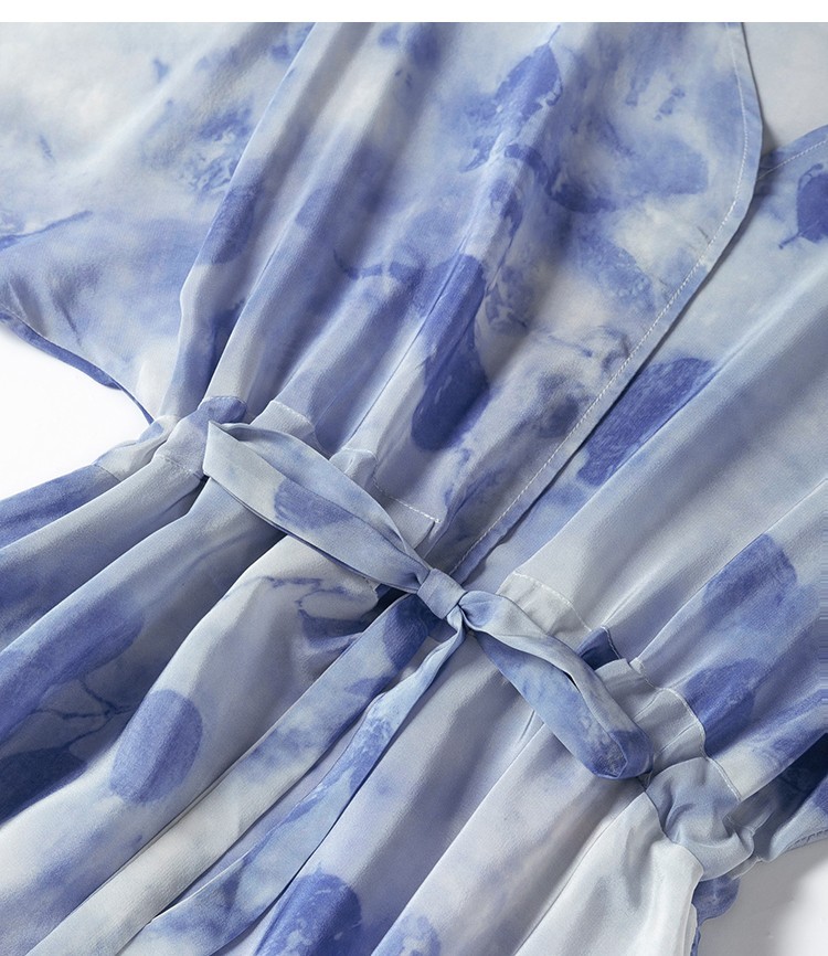 100% Mulbery Silk Light Blue Printed Short Sleeve Women A-Line Midi Dress M1357