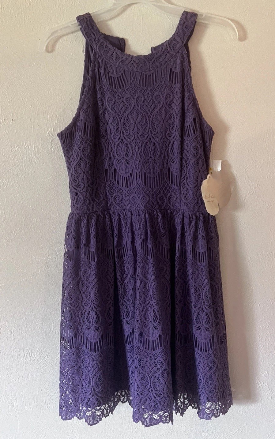 NWT Altar’d State Dark Purple Lace Halter-neck Skater Dress Lace Overlay Size S