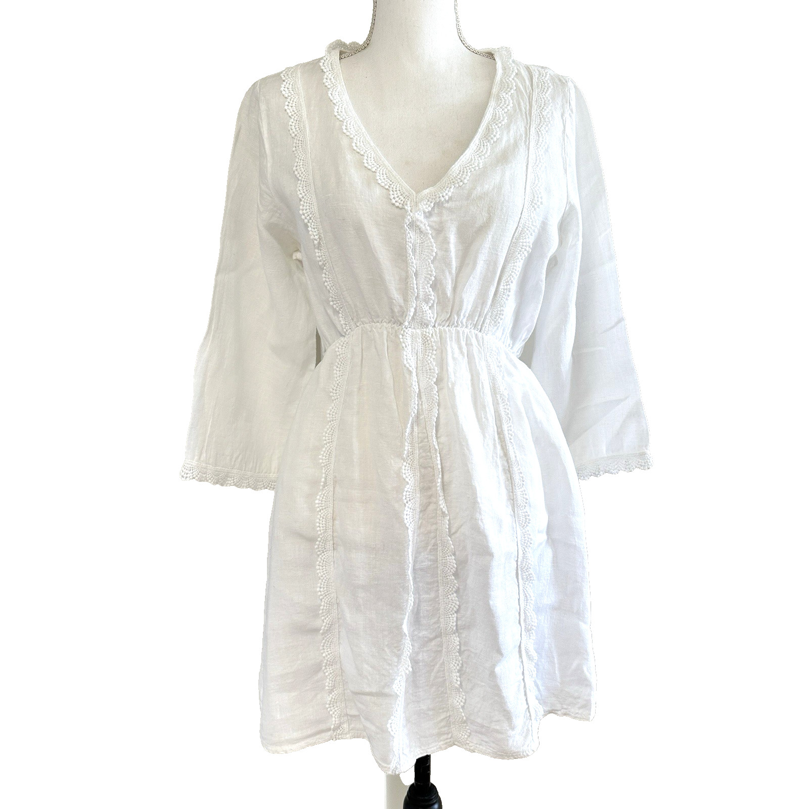 Valentina Naldi sz L White 100% Linen Crochet Trim V-Neck Mini Dress Italy Made