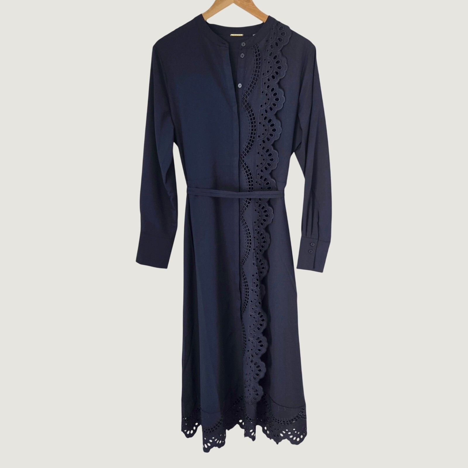 Elie Tahari Navy Blue Eyelet Embroidered Midi Shirt Dress Tie Waist NWT