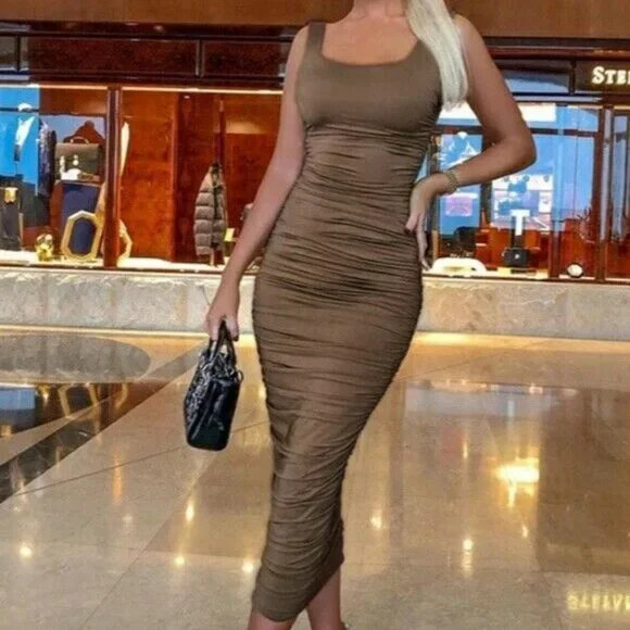 Women’s Ruched Sleeveless Tank Midi Bodycon Dress Brown