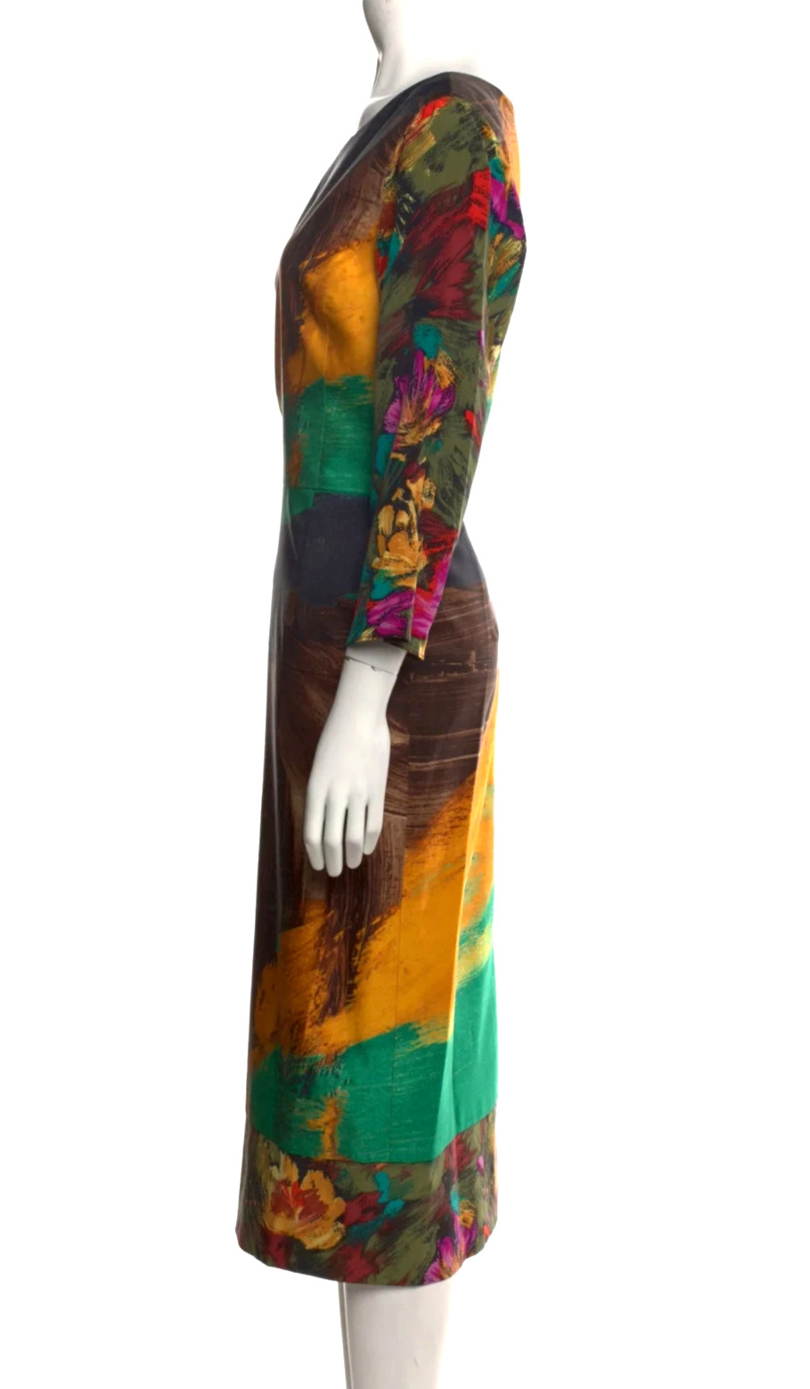 Oscar De La Renta Brushstroke Floral Midi Dress Abstract Wool Silk Sz 12 XL NWOT