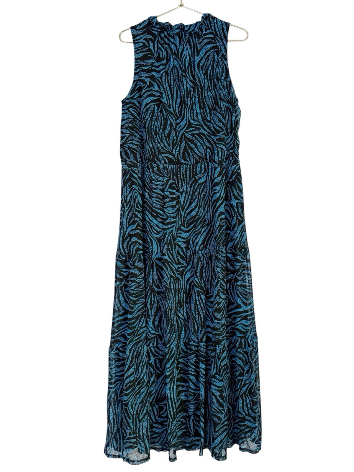 Harper 241 Blue Mesh Lined Leaf Print Tiered Boho Tie Neck Maxi Dress M