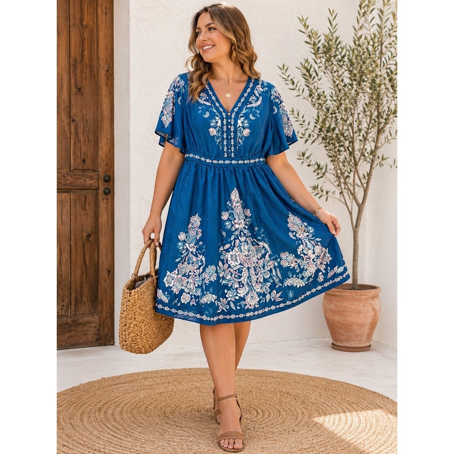 BloomChic Blue Floral Boho Dress NWoT 12 V Neck Flutter Sleeve Empire Boho Chic