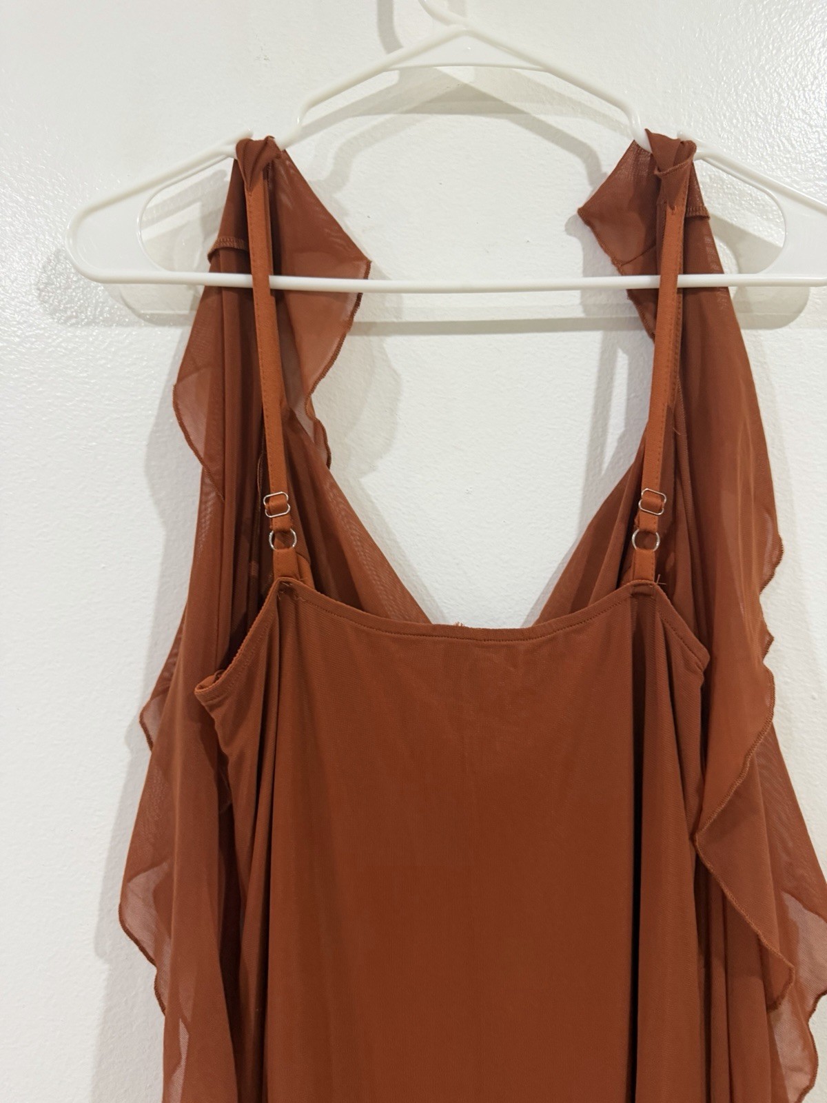 PrettyGarden Brown Solid Cowl Neck Ruffle Adjustable Strap Midi Dress Size L