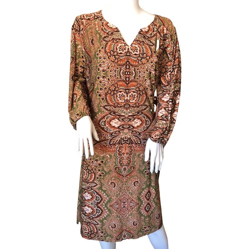 AUW Size 12 Brown Paisley Long Sleeve Midi Dress Boho Tribal Aztec Peasant Retro