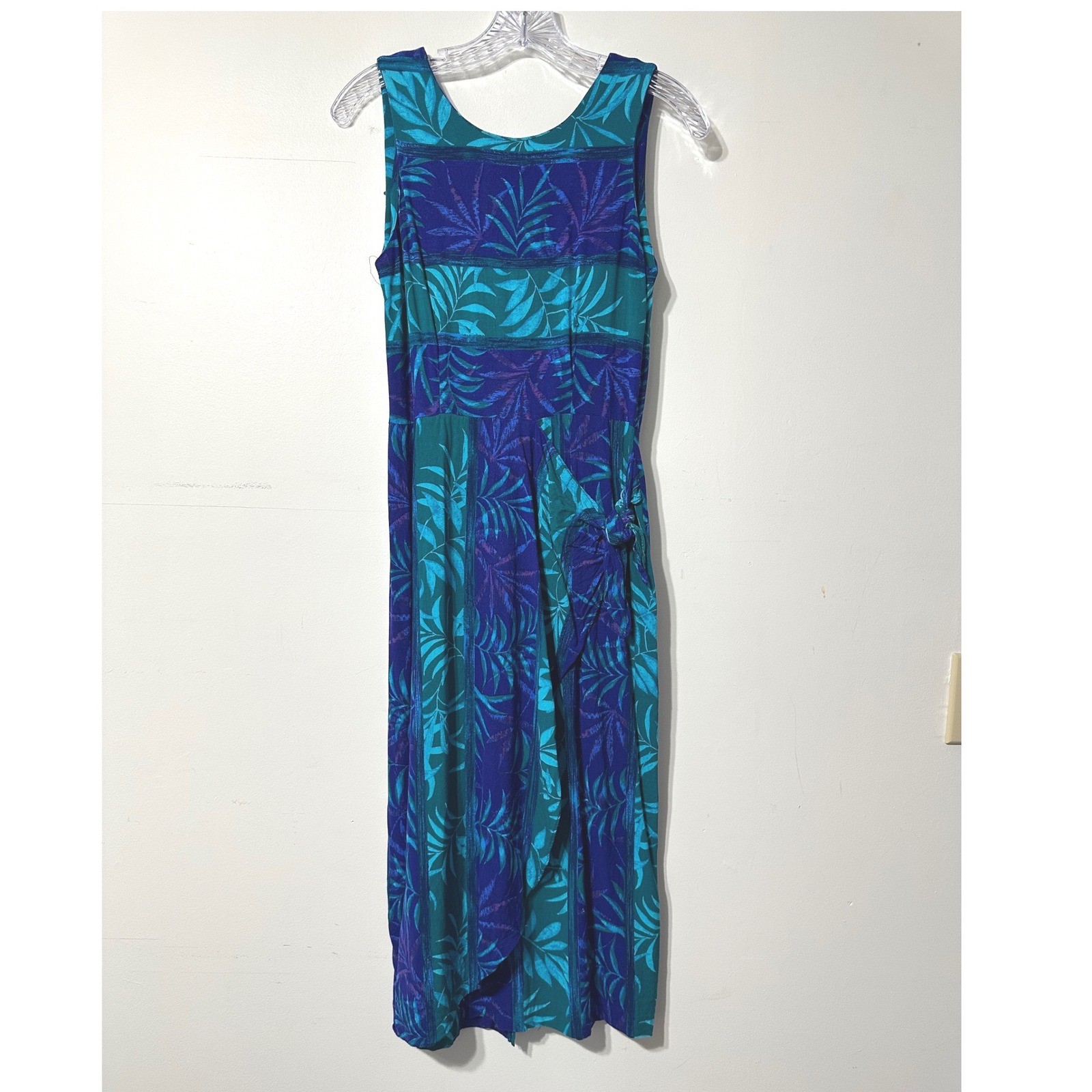 Boulevard De Paris Midi Dress Womens Blue Teal Tropical Leaf Side Tie Sleeveless