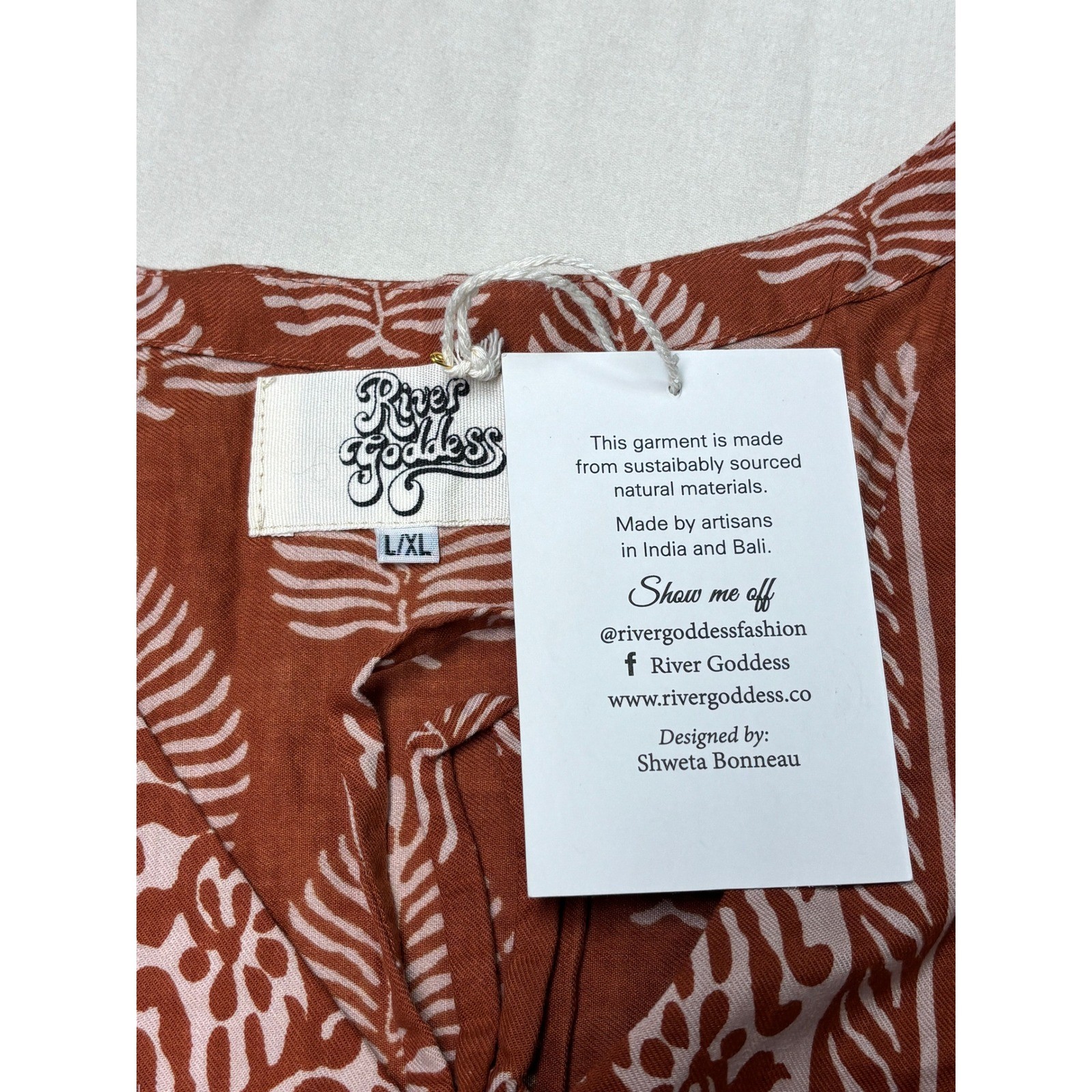 NWT River Goddess Rust Leaf Print Cotton Midi Dress Women L/XL Artisan Australia