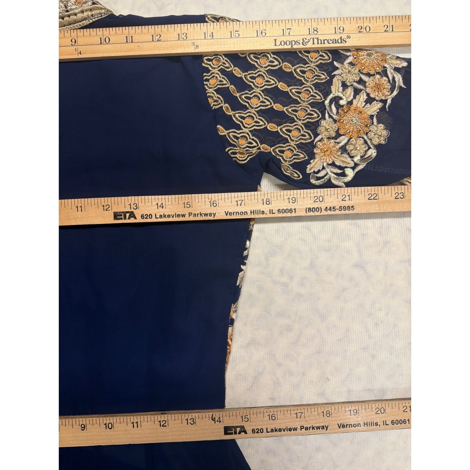Navy Blue Gold Floral Embroidered Maxi Gown Mandarin Collar Side Zip Long Sleeve
