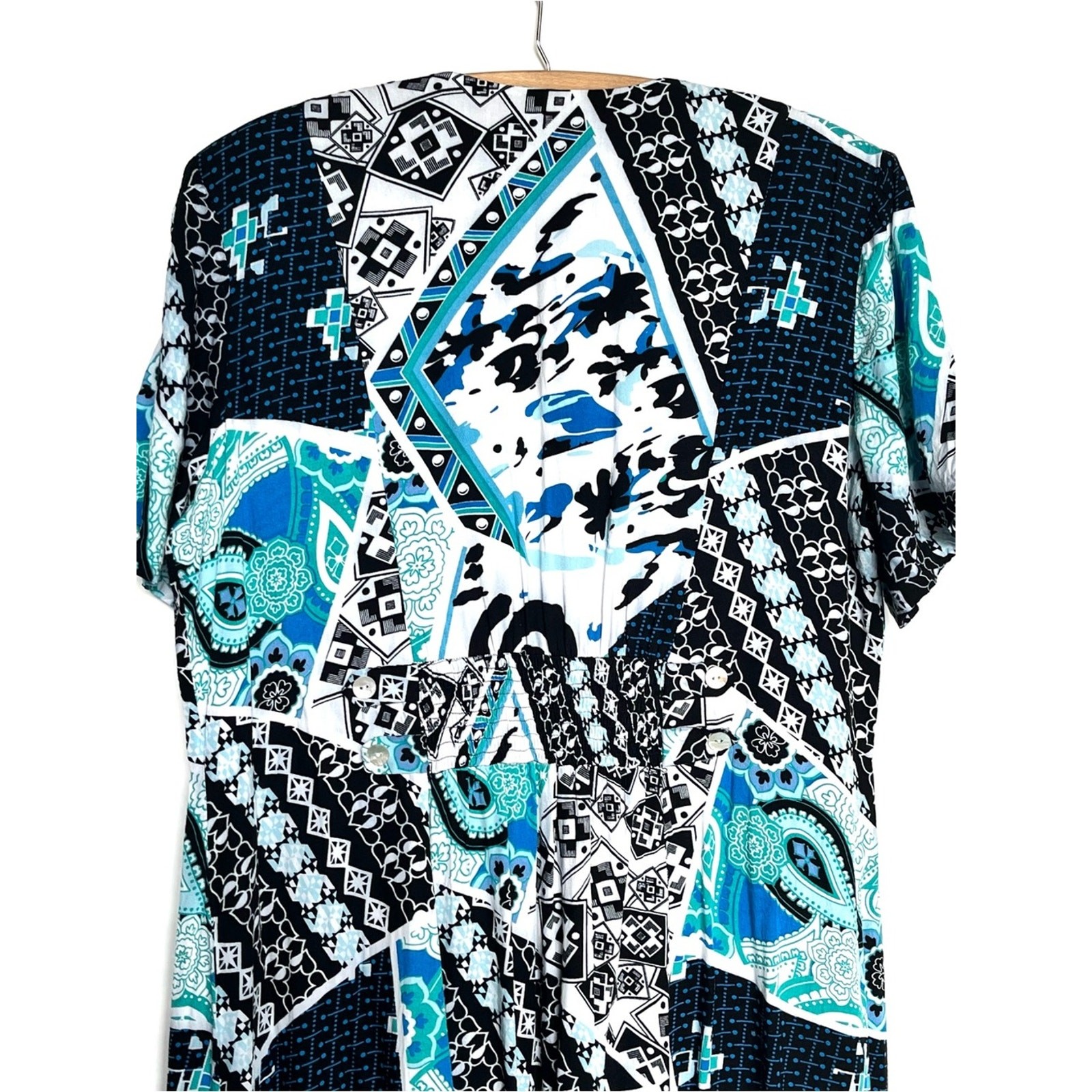 Vintage 90s Mixed Print Maxi Dress Size 1X Button Front Teal Black Paisley Soft