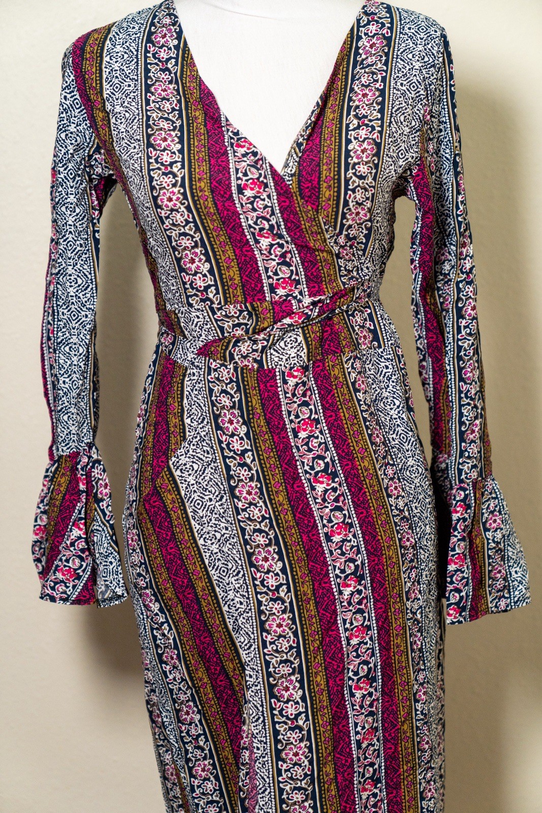 R. Vivimos Womens S Multicolor Floral V-Neck Wrap Maxi Long Sleeve Tie Ruffle