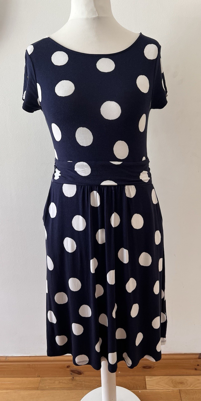 Boden Navy & White Polka Dot Jersey Midi Dress Size 14R