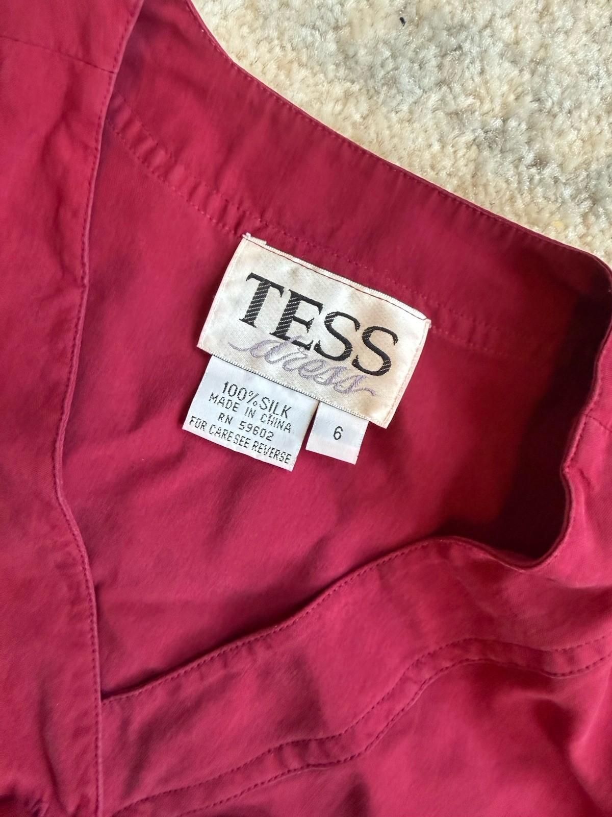 TESS Pink 100% Silk Button Pocket V-Neck Long Sleeve Shirt Dress Knee Length 6