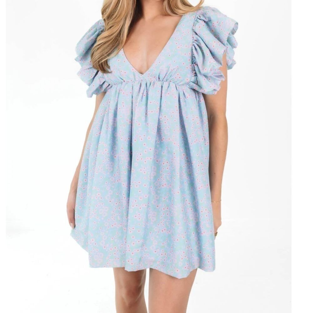 STORIA Closer Than Ever Babydoll Mini Dress Blue Floral Size Small NEW
