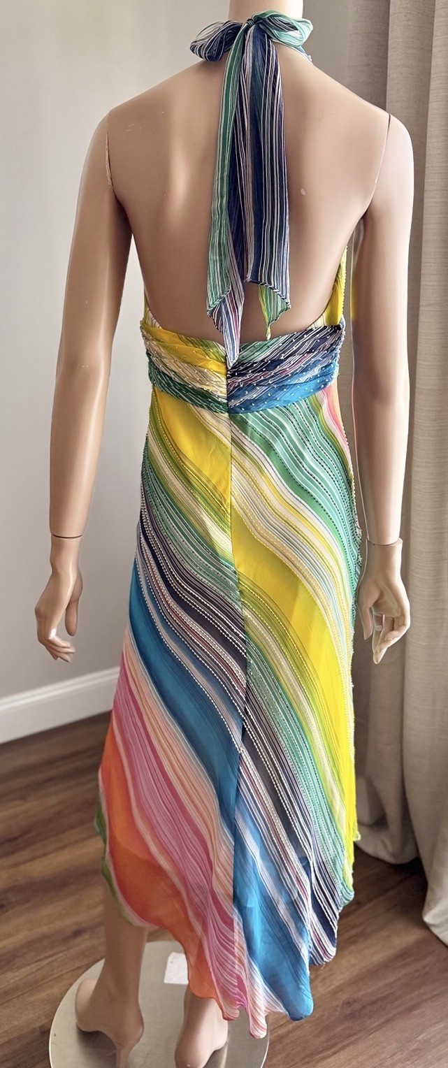 BCBGMAXAZRIA Silk Beaded Rainbow Halter Dress Sz 8 Asymmetrical Y2K Vintage Rare