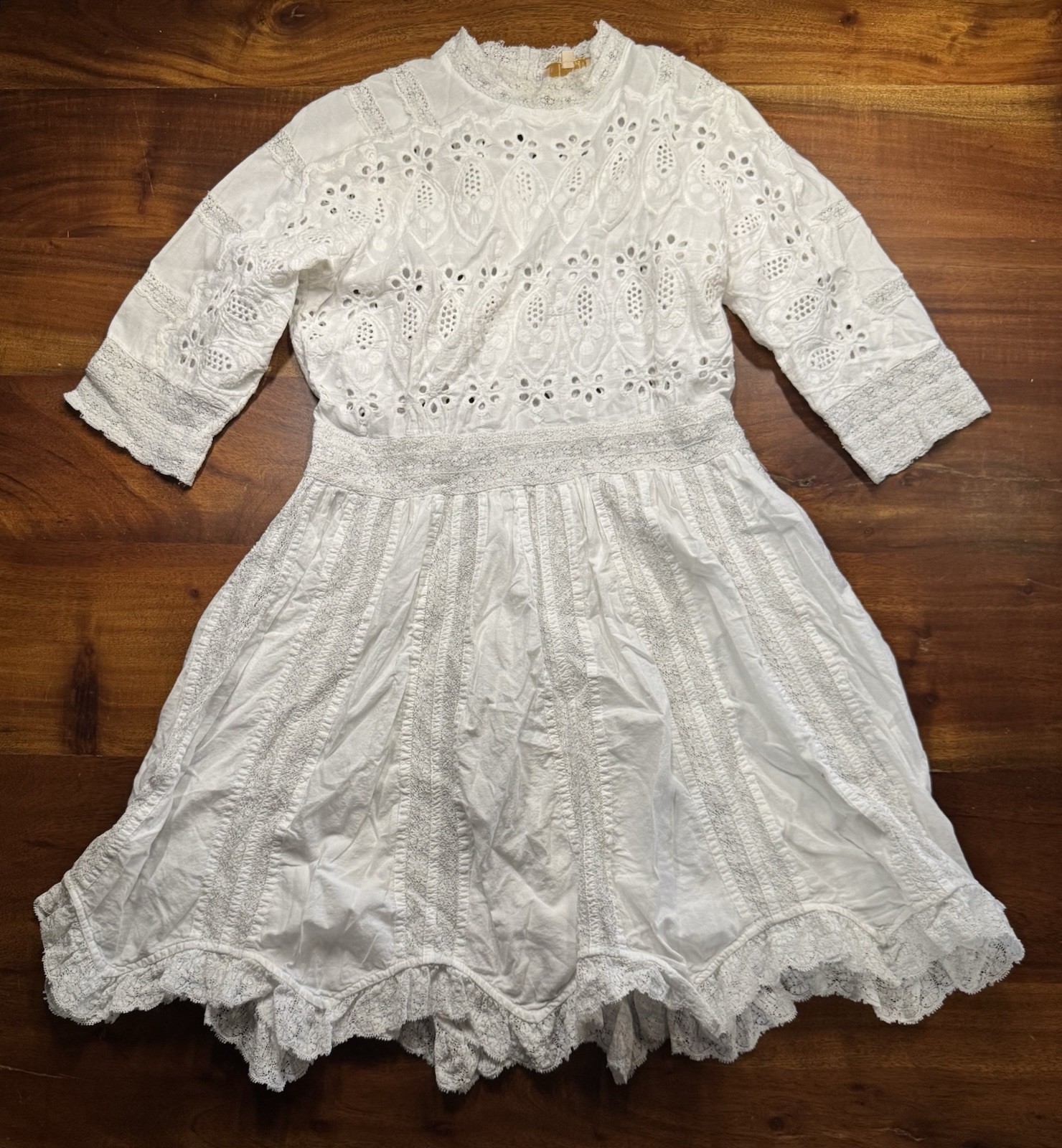 by TiMo White Eyelet Lace Cotton Eyelet Mini Dress Ruffles Victorian Feminine M